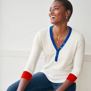 Boden winter white red blue 3/4 sleeves cotton wool fitted deep vneck 2 sweater